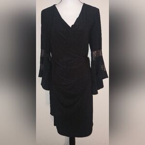 Roz & Ali Elegant Black Stretch Dress With Bell/Sheer Sleeves -SZL12-14